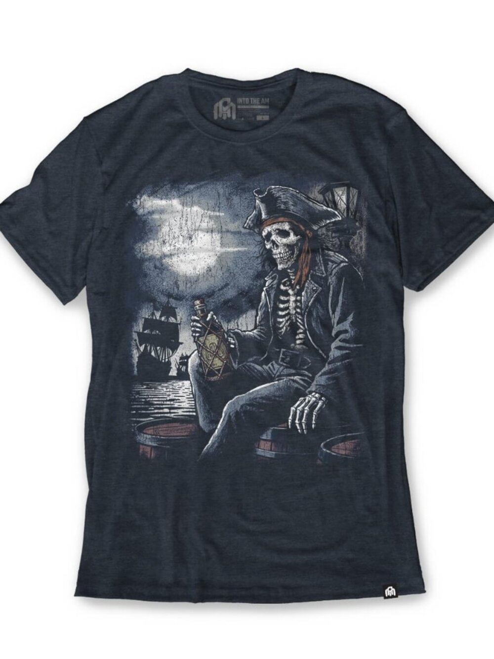 Navy Skeleton Pirate Graphic Tee Moonlit Ship Dark Fantasy Art Shirt